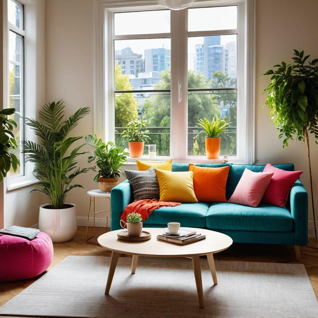 A cozy and vibrant apartment living room with colorful decor, lush plants, and warm lighting, showcasing a cheerful atmosphere. Include a comfortable sofa adorned with bright cushions, a small coffee table with a steaming cup, and a window view of a sunny day outside. Convey a sense of joy and bliss with a playful arrangement of household items. 3D. vibrant colors. soft focus.