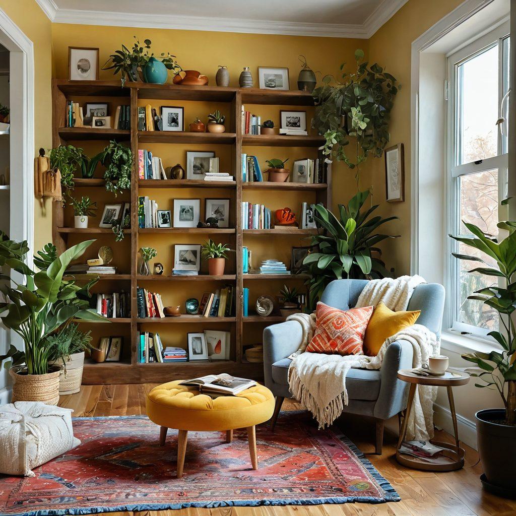 A warm and inviting apartment interior featuring a cozy reading nook with a colorful armchair, soft throw blankets, and a bookshelf filled with cheerful decor. Bright plants in the corners bring a touch of nature, while sunlight spills through large windows, casting a golden glow on the wooden floors. Personal touches like framed photos and artistic wall art enhance the cheerful ambiance. The overall color palette should be warm and inviting, creating a sense of comfort and joy. vibrant colors. super-realistic.